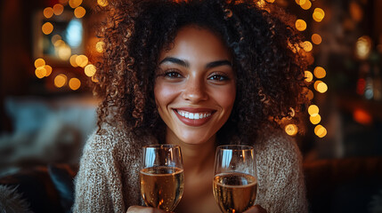 Joyful Woman Celebrating with Champagne and Warm Holiday Ambianc
