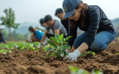 Business leaders and local citizens planting trees together in a green field, showcasing corporate support for environmental sustainability and ecosystem balance