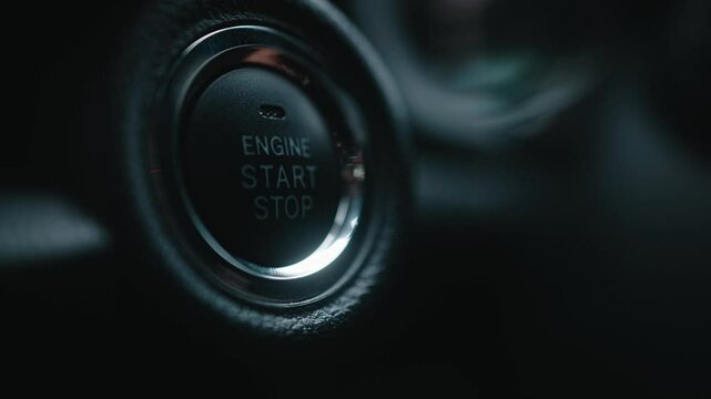 Close-up of a car start button being pressed by a woman. Concept of modern technology, convenience, and innovation in cars.