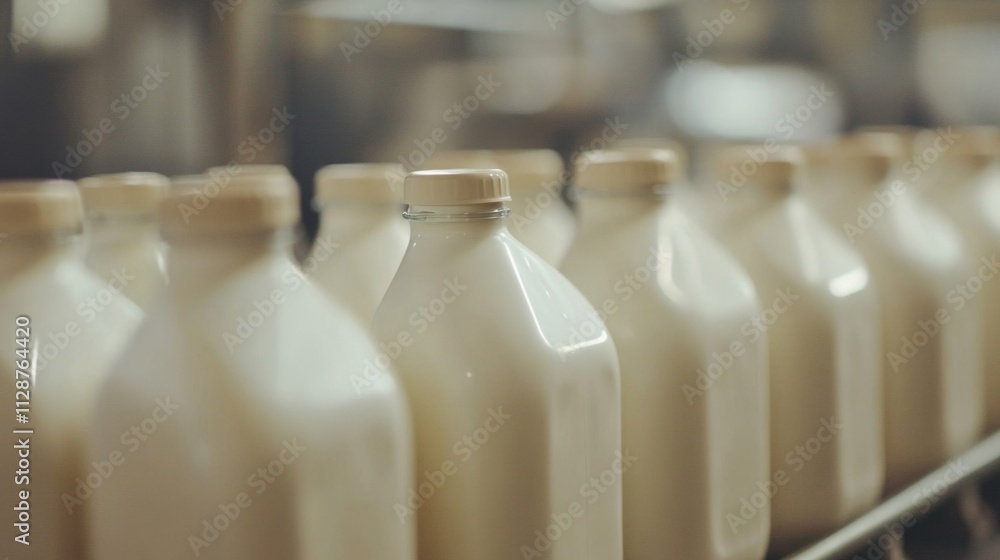 Poster row of milk bottles in a factory setting
