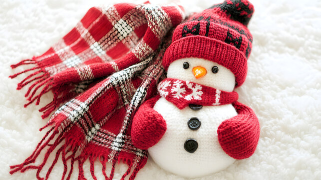 Adorable crocheted snowman in a red knitted hat and scarf, nestled on a cozy red and white plaid scarf. Perfect for winter or Christmas themed projects.
