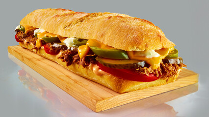 Baguette Beef Burger mit Tomate auf Holzbrett, Croque, pult beef, 
