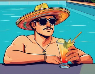 National Margarita Day, A man in a hat and sunglasses enjoying a summer vacation by the beach with a woman in a bikini, relaxing near the pool and sea, smiling in the sun