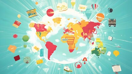 A colorful world map with icons representing various cultures and travel activities.