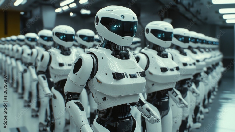 Poster a line of white humanoid robots in a factory setting