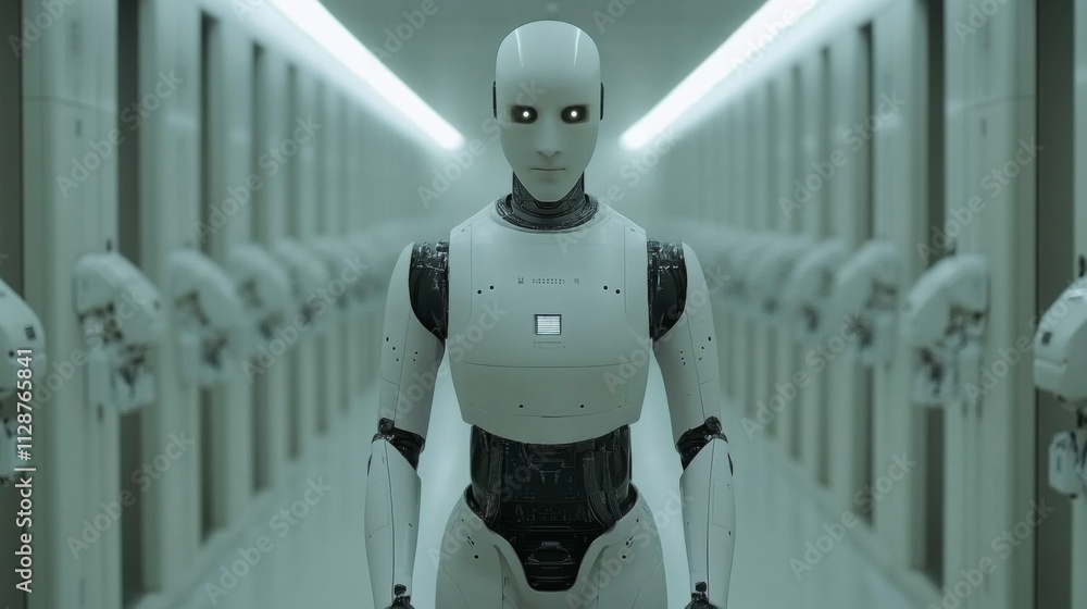 Poster humanoid robot standing in a line of robots