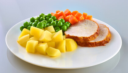 Kasseler mit Kartoffeln Erbsen und Karotten, Tellergericht, Gemüse, 