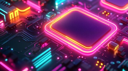 Neon-lit Microchip on a Circuit Board
