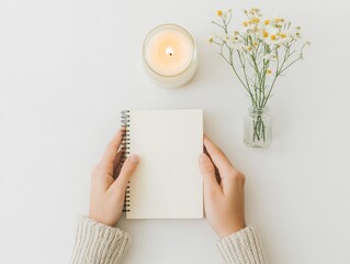 Obraz premium Peaceful Journaling Setup Candlelit Reflection with Flower on Minimal White Desk