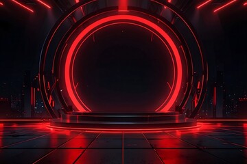 Futuristic Red Neon Ring Portal with Glowing Circles in a Sci-Fi Stage Design, High-Tech Digital Background with Cyberpunk Aesthetic and Virtual Lighting 
