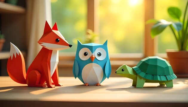 Colorful Papercraft Origami-Style Animals on a Minimalistic Background