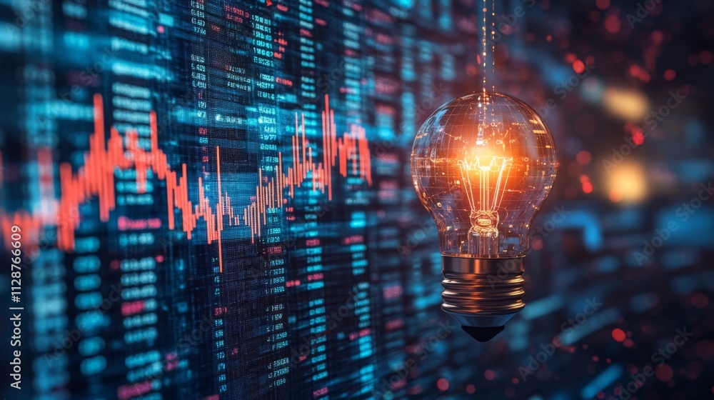 Poster illuminated lightbulb with financial data background