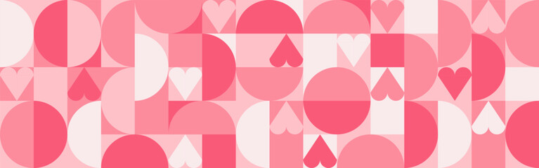 Seamless trendy pink background with hearts and circles for Mother's Day card template. Trendy geometric red shapes with retro squares for Valentine's Day or Wedding Day cover.