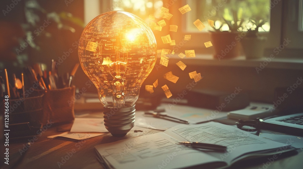 Poster glowing light bulb with data and notes surrounding it