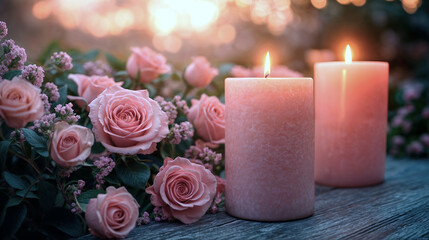 Pink candles and roses on rustic table at sunset