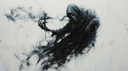 Fototapeta premium Scary horror grim reaper with scythe angle of death background