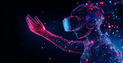 Neon Wireframe Person Wearing VR Headset