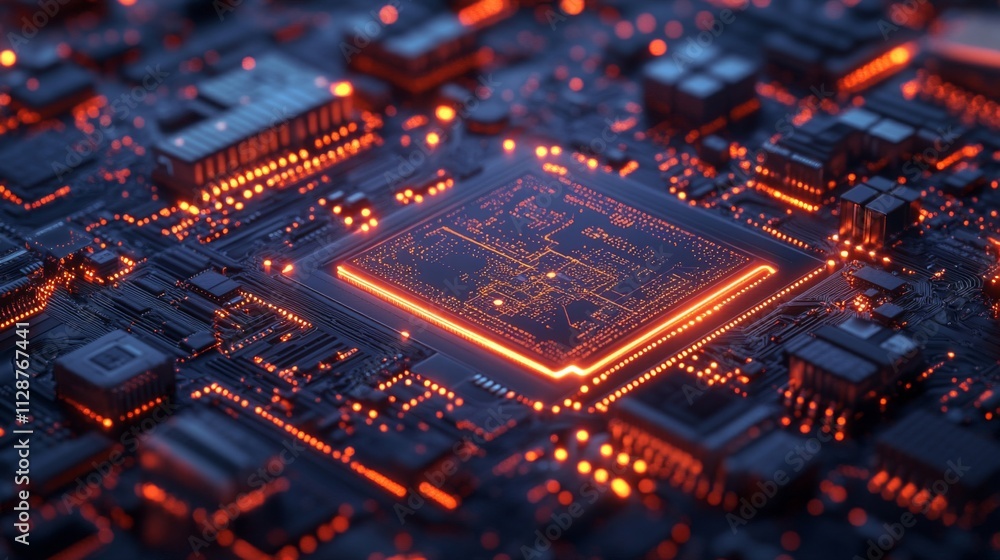 Poster close-up of a glowing microprocessor chip on a circuit board
