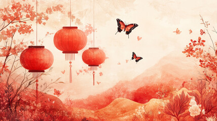 Obraz premium 日本風デザインの赤い提灯と花のデジタルアート