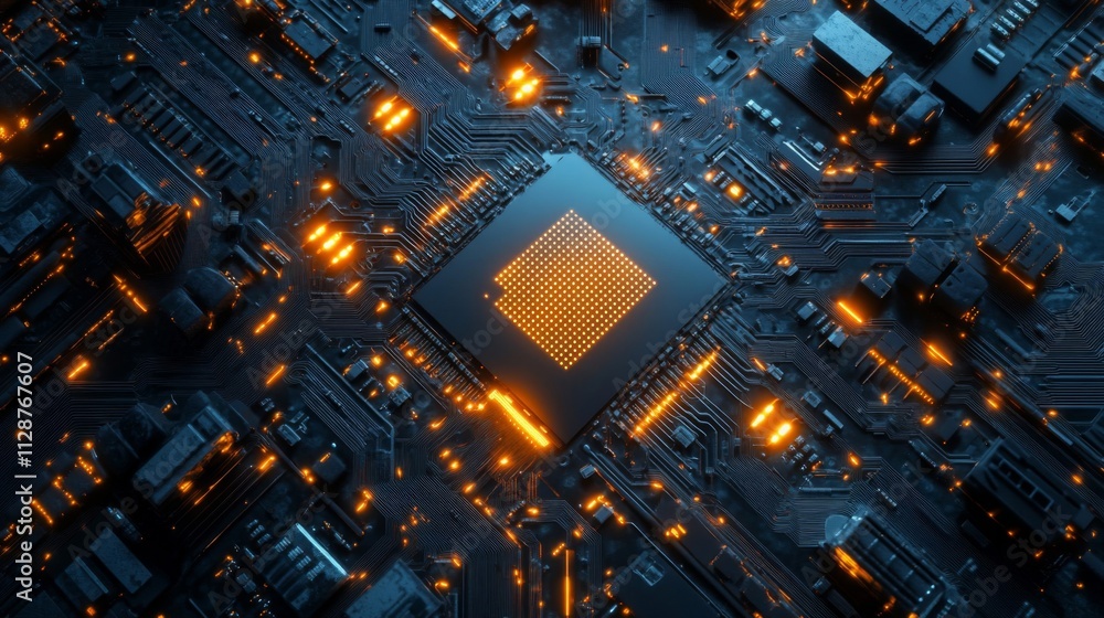 Poster glowing cpu chip on a circuit board