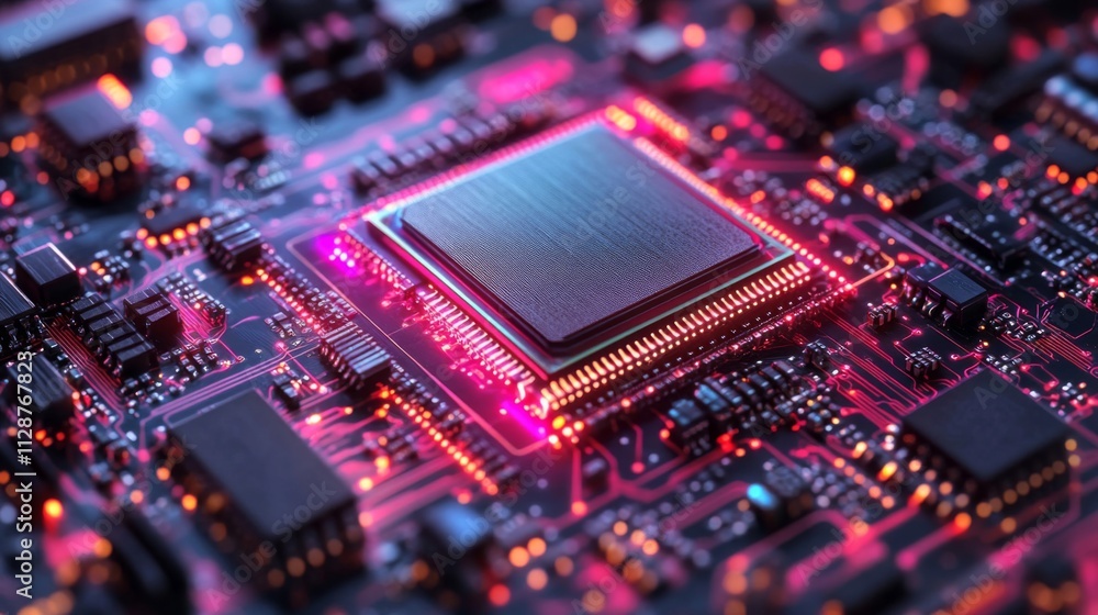 Poster close-up of a processor chip on a circuit board with glowing red and orange lights