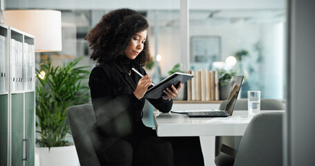 Laptop, tablet and business woman for online planning, proposal and research in office. Corporate...