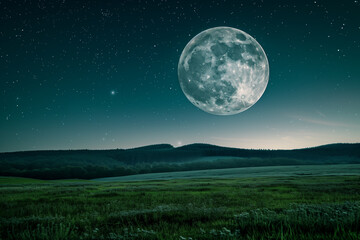 Full moon in the clear night sky above green meadow.