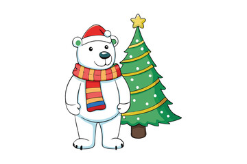 A playful polar bear wearing a striped scarf and a Santa hat