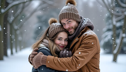 Obraz premium Couple enjoying a snowy day, hugging each other warmly in winter attire for love and happiness concept 