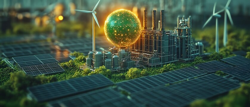 A futuristic factory powered by green energy, surrounded by solar panels and wind turbines, with a glowing green globe symbolizing the shift to renewable, clean energy