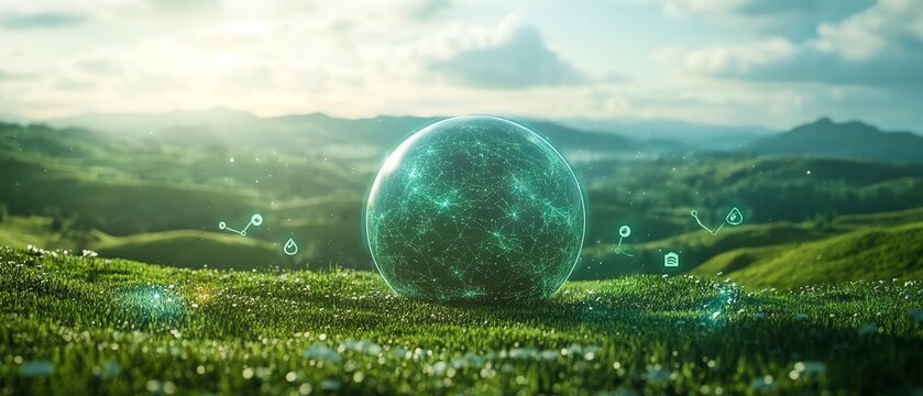 A globe on a green landscape with ESG, CO2, and netzero icons, illustrating a sustainable business model and environmental responsibility for a green company