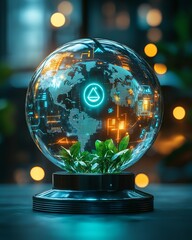 A glowing crystal globe featuring a sustainable development icon, surrounded by green technology and environmental protection symbols, symbolizing a clean energy future