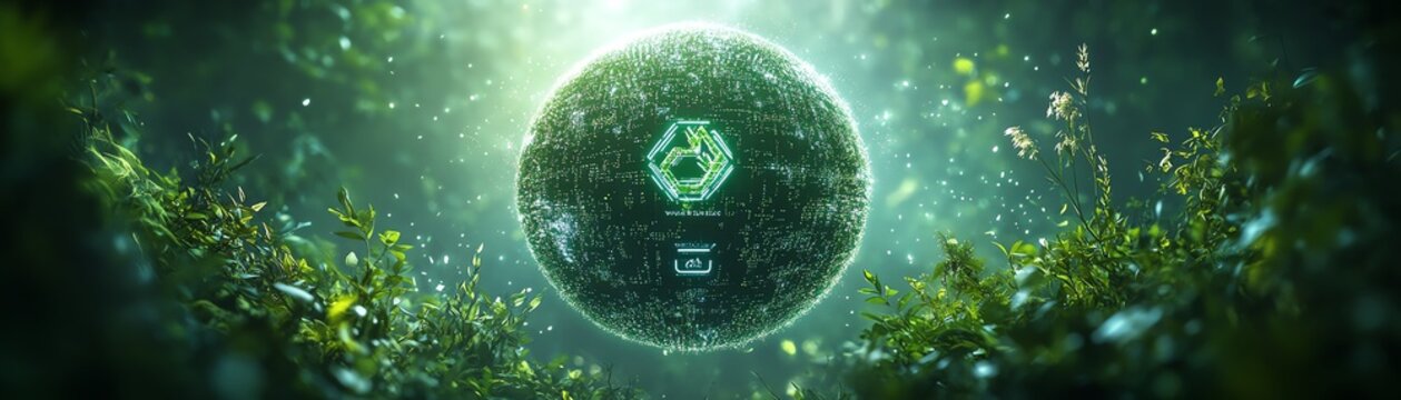 A glowing green globe surrounded by nature, featuring ESG, circular economy, and CO2 icons, representing a corporate commitment to environmental governance and sustainability