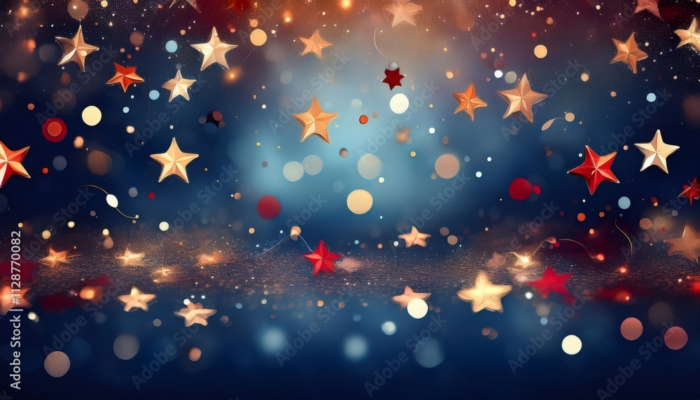Poster festive background showing golden and red stars falling on a glittering blue and orange background w