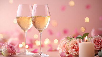 champagne glasses, candles, and roses, celebrating valentine's day, creating a romantic and intimate atmosphere elegant and festive setup ideal for valentine's day celebrations or romantic moments