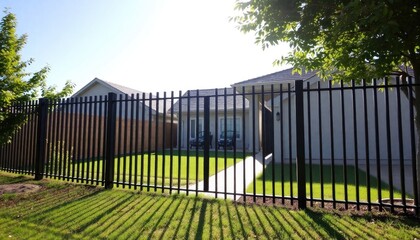 modern metal fence surrounding a property with sleek, contemporary design, standing tall under the bright midday sun, casting sharp, clean lines across the yard