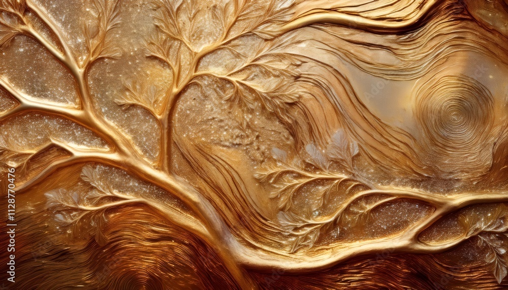 Poster luxurious and elegant golden bas relief of a bare tree with glitter and a wavy background, creating 
