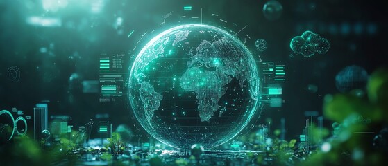 Fototapeta premium A green globe surrounded by ESG, circular economy, and CO2 icons, symbolizing the importance of sustainability, governance, and technology for netzero emissions in business