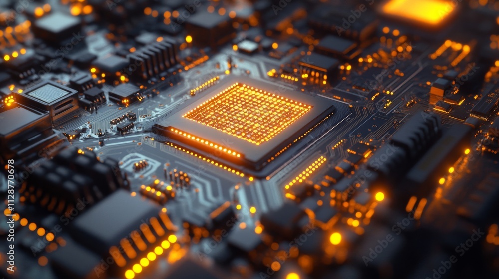 Aufkleber illuminated microchip on circuit board with golden traces