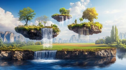 Naklejka premium Amazing fantasy scenery with floating islands water fall and field on blue sky background