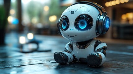 Cute small robot with headphones sitting outdoors.