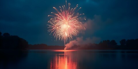 Fireworks exploding in a night sky with a dark blue background