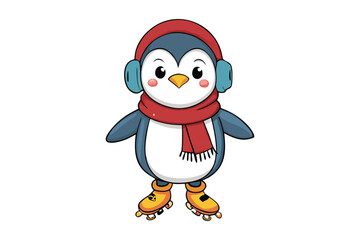 A happy penguin character wearing earmuffs and a cozy sweater