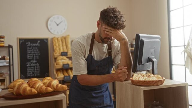 Young man in a bakery wearing an apron leaning on the counter looking stressed with pastries and bread in the background