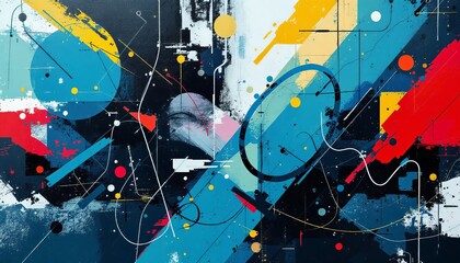 art line Cubism, with high-contrast structural colors, with a background in distressed and structured. Include irregular, organic shapes and lines to form a chaotic but visually intriguing composition
