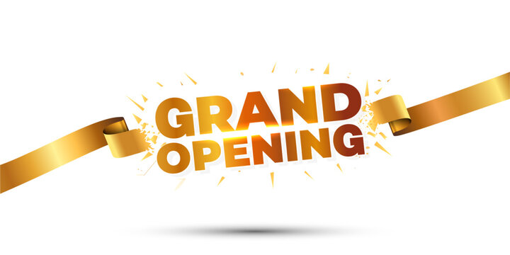 Vector illustration of grand opening logo unit with golden ribbon.