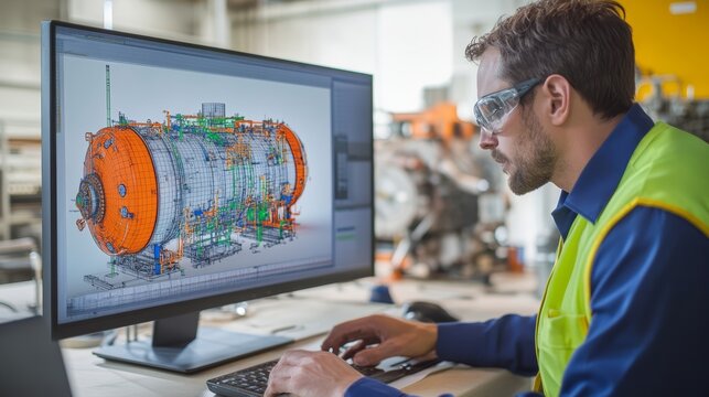 Engineer doing a model review in his 3D pressure vessel design - many uses in oil and gas industry