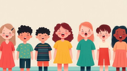 A diverse group of joyful children singing together, celebrating unity and harmony in a colorful, cheerful environment.
