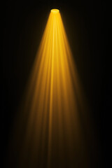 Spotlight radiates bright light beams through misty fog. Black background glows with ethereal fantasy ambiance. God’s rays create magical and mystical lighting effects.