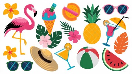 A vector illustration of summer stickers with tropical vacation icons like flamingos and ice cream cones